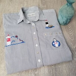 Vintage Button down Blouse W/Embroidered Lighthouses